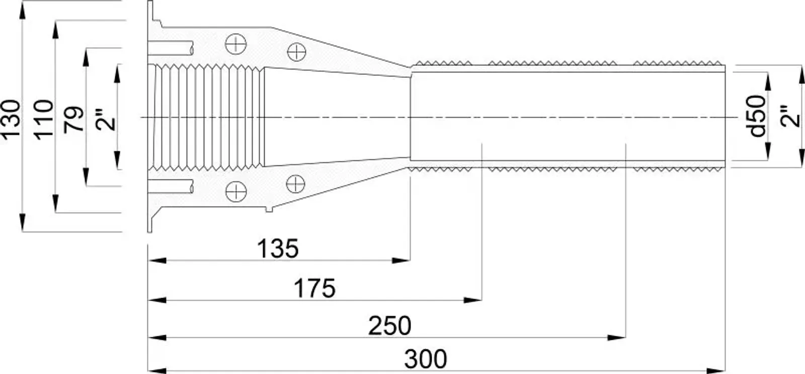 Ocean Väggennomföring ABS 2" utvändig gänga x invändig gänga vit 300 mm - miniatyr 2