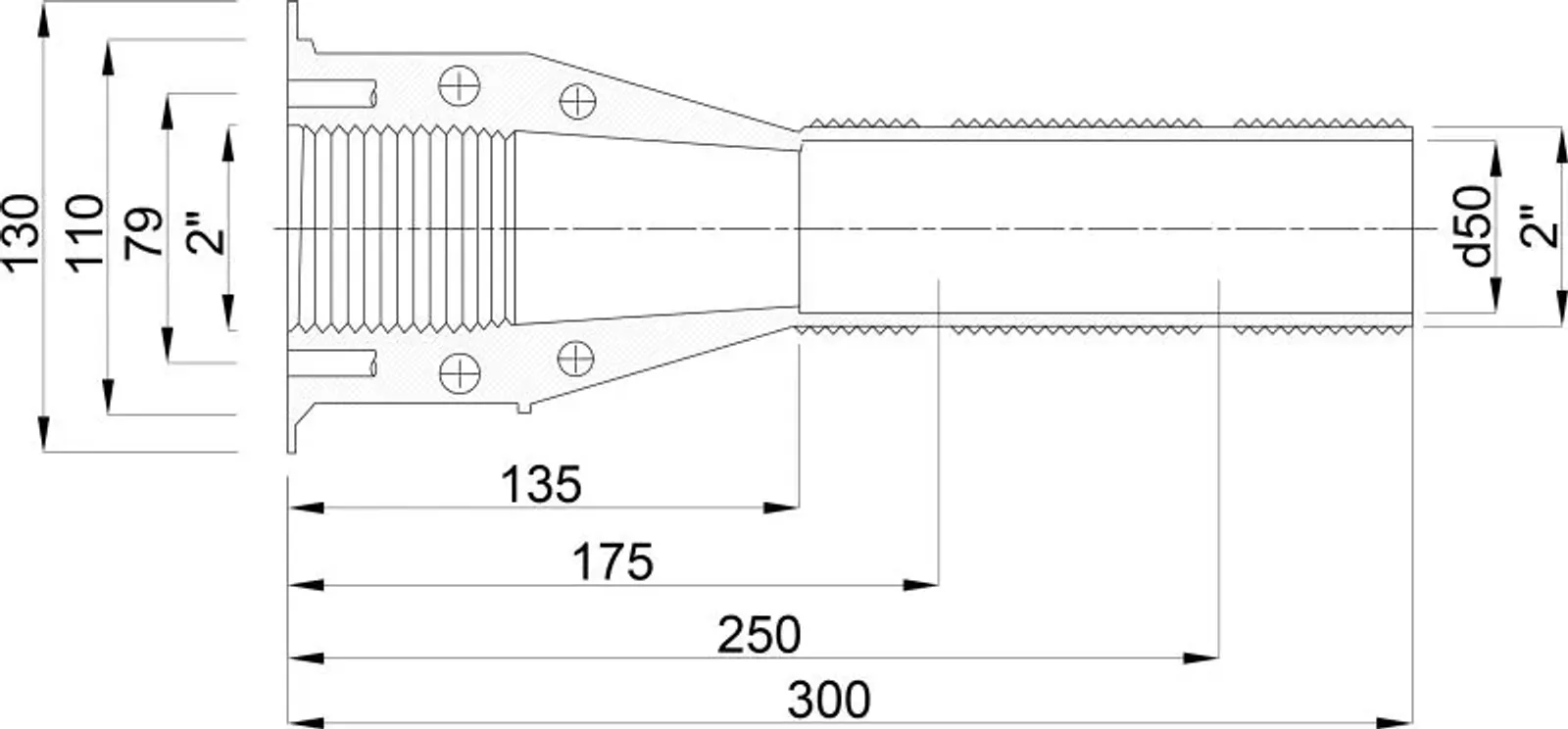Ocean Väggennomföring ABS 2" utvändig gänga x invändig gänga vit 300 mm - bild 2