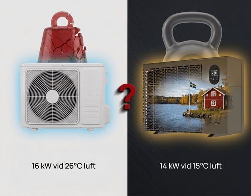 Effekt vid olika mätvillkor – 16 kW i 26-gradig luft väger lätt mot 14 kW vid 15 °C luft enligt NF 414