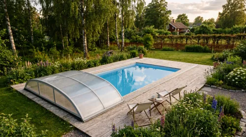 Lågt skjutbart pooltak över villapool – vindskydd och växthusvärme