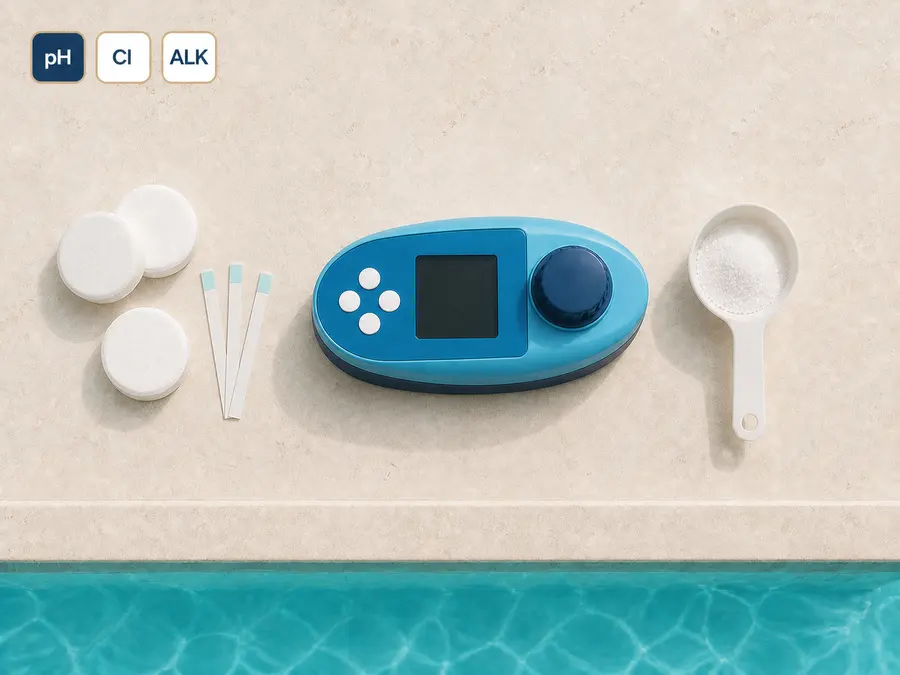 Klorpuckar, teststickor, digital vattentestare och doseringsmått på poolkanten, med chippar för pH, klor och alkalinitet