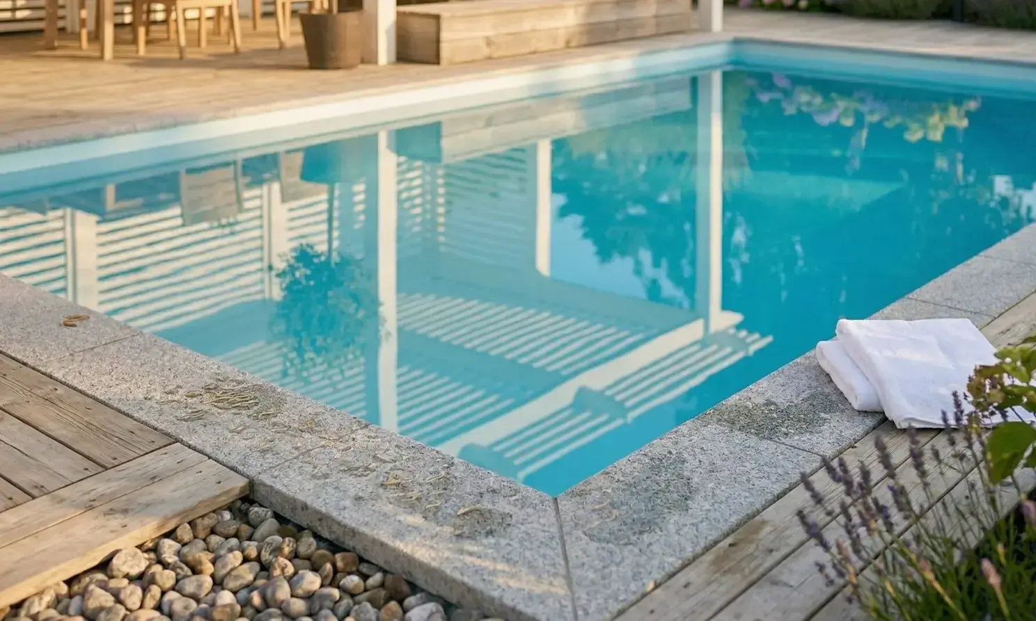 Poolhörn med handdukar på poolkanten